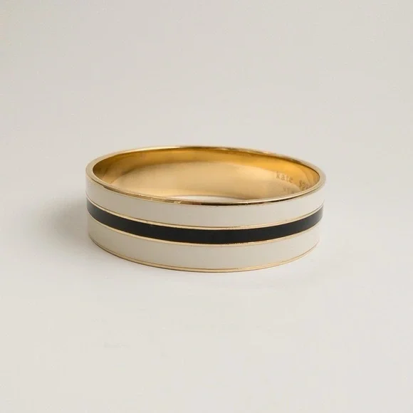 Kate Spade Enamel All Wrapped Up Bangle Cuff Bracelet Black White Enamel Gold - Picture 4 of 6